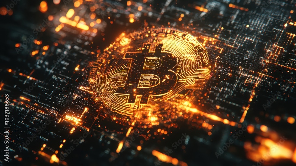 Poster glowing digital bitcoin symbol on a futuristic circuit board background, representing cryptocurrency