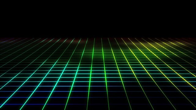 Green lines floor perspective grid on black background loop motion animation in 4K. A digital landscape with a green neon grid.