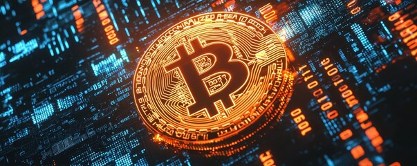 Fototapeta premium Digital Bitcoin illustration with glowing cryptocurrency symbol. Futuristic technology and finance concept in a vibrant, electronic backdrop.
