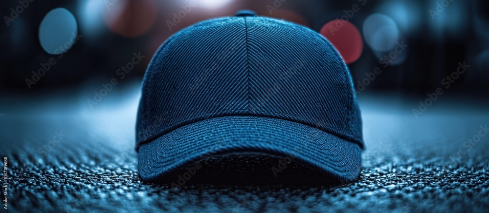 Poster a close-up of a dark blue cap resting on a textured surface, highlighting its design and color.