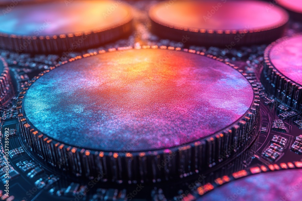 Poster a close-up view of colorful microchips on a circuit board, showcasing technology and design.