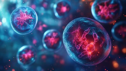 Naklejka premium Holographic display of stem cells being manipulated for regeneration, biotechnology, future of regenerative medicine