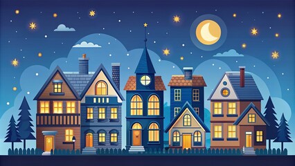 Fototapeta premium Cute Night City and Country Houses with Lights on a Blue Background for Conceptual Photography