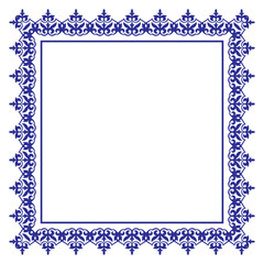 Square Blue on white Kazakh national ornament frame. Turk national ornament. Detail and element for design and postcards, Sandblasting, ceramic, patchwork, Borders and frames. 