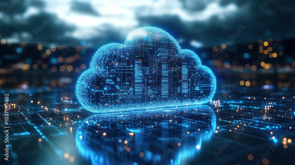 Poster a digital cloud symbol representing data storage and connectivity in a tech environment.