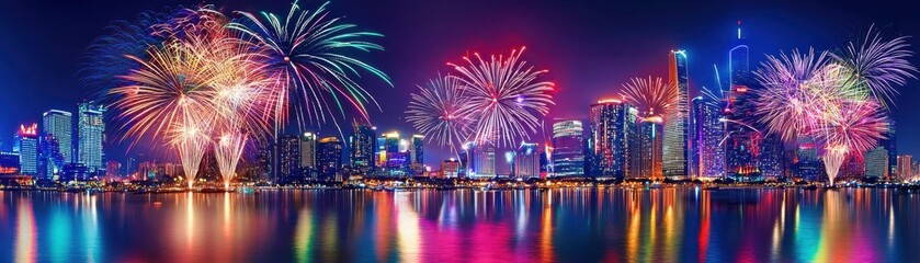 Fototapeta premium Vibrant fireworks light up the night sky over a city skyline, reflecting beautifully on the tranquil water, creating a festive and colorful scene.