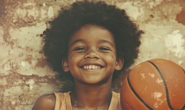Happy kig with a basketball ball, vintage sports, old photo, generated ai