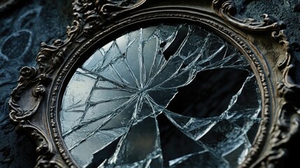 Obraz premium A cracked ornate mirror on a shadowy background, evoking eerie horror vibes, with intricate detailing on the damaged frame