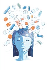 An illustration of a woman with pills floating above her head, symbolizing mental health.