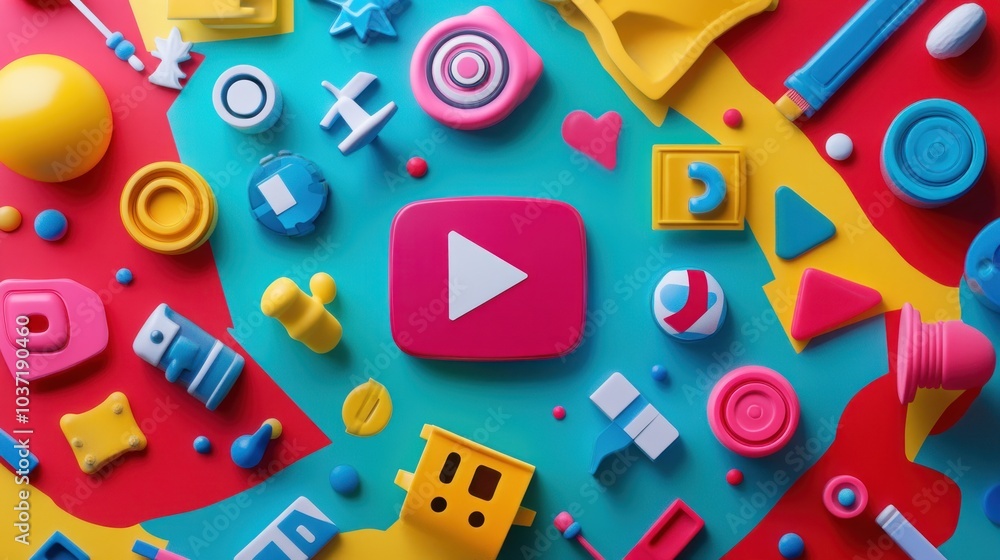 Aufkleber a colorful arrangement of playful shapes and a central play button symbolizing video content.