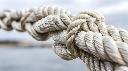 Complex web of interconnected ropes symbolizing intricate business relationships and antitrust challenges, with a focused foreground rope representing the effort to break monopolies.