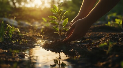 Hands nurturing a young plant with a soft sunset glow, captured by a reflective stream creating a serene atmosphere.