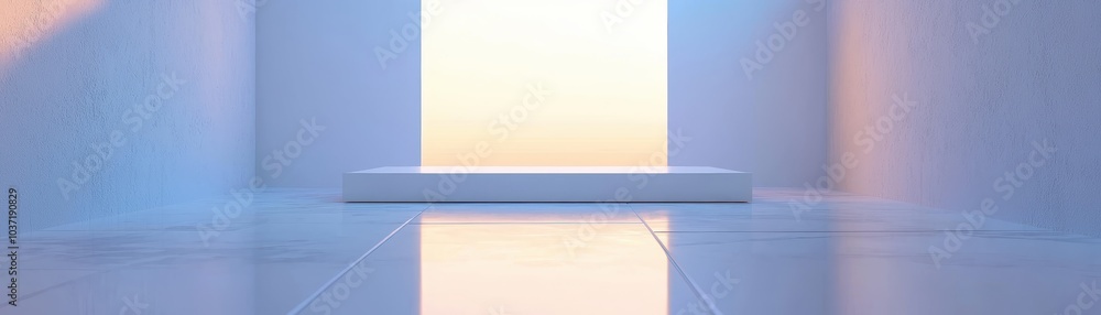 Poster minimalist interior with soft lighting and a sleek platform, creating a serene and modern ambiance. 