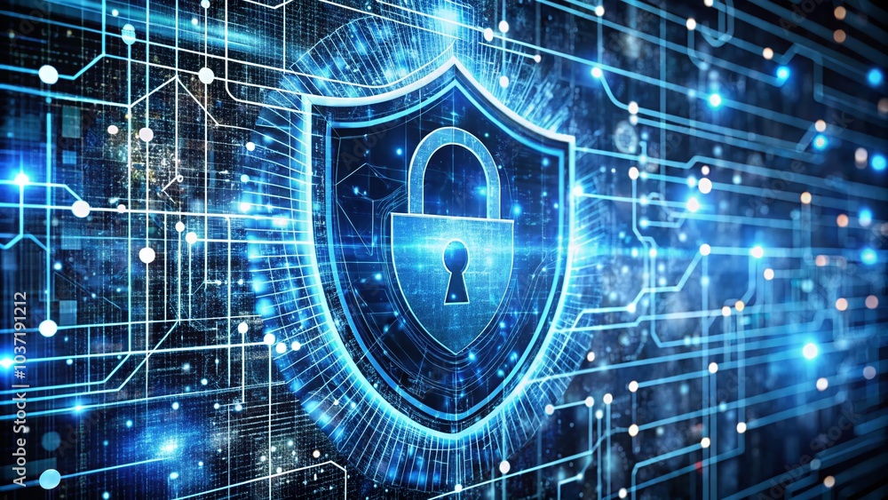 Aufkleber cybersecurity technology safeguarding in cyberspace with abstract double exposure background