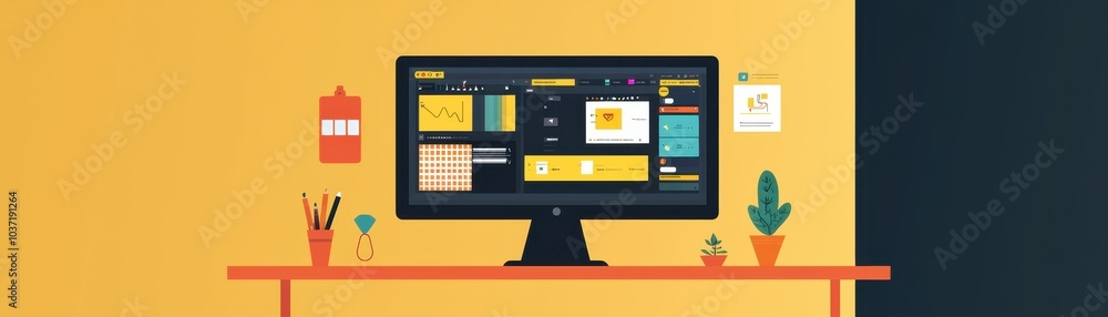 Fototapete Modern workspace with a computer monitor displaying colorful graphics, surrounded by office supplies and plants in a minimalistic setting.