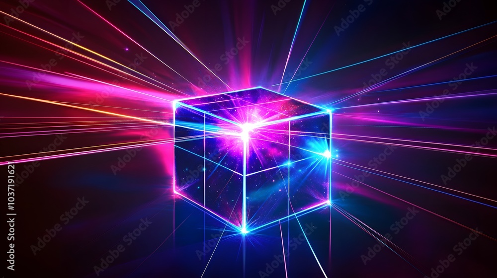Poster a glowing neon cube in cyberspace with radiant energy lines, evoking a futuristic and digital techno