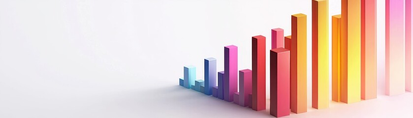 Colorful 3D bar graph on white background representing data growth, statistics, and business success in a modern, abstract style.