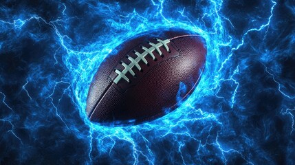 An American football surrounded by blue lightning bolts, with energy bursting from the image, symbolizing power and force.