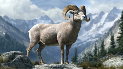 A majestic ram stands on a rocky outcrop with mountains in the background.