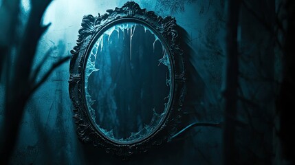 An old mirror with a cracked, ornate frame, set in dim lighting against a shadowy backdrop, evoking a chilling horror mood