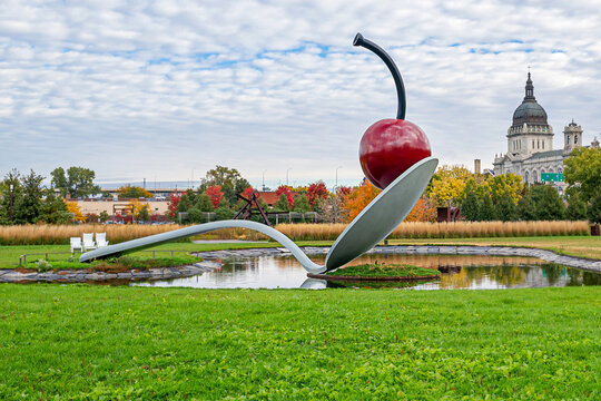 A close up image of Spoonbridge and Cherry at sculpture garden, Minneapolis at fall season
