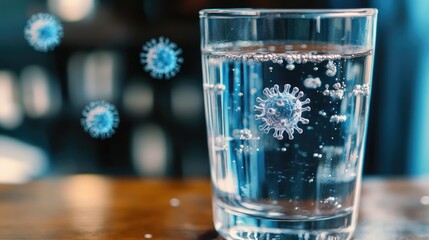 Contaminated drinking water in a glass, showcasing harmful bacteria and viruses to emphasize the dangers of waterborne diseases © Pannin