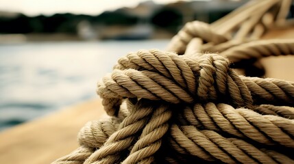 Complex web of interconnected ropes symbolizing intricate business relationships and antitrust challenges, with a focused foreground rope representing the effort to break monopolies.