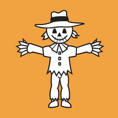 
Adorable pumpkin-headed scarecrow for halloween designs, Halloween cartoon scarecrow with pumpkin face and witch hat