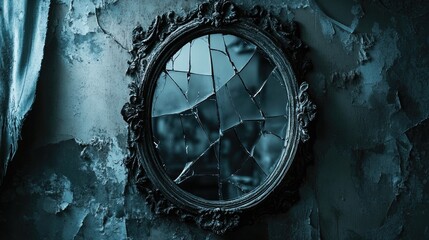 Eerie, cracked mirror with an ornate frame, casting dark reflections on a shadowy background, perfect for a horror setting