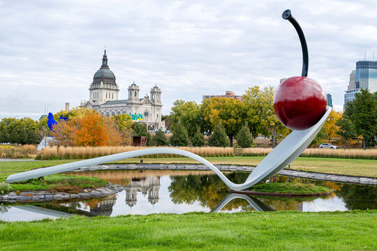 A close up image of Spoonbridge and Cherry at sculpture garden, Minneapolis at fall season