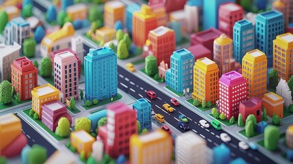Obraz premium Colorful miniature city with vibrant buildings and busy streets, featuring a blend of urban architecture in a playful, artistic design.