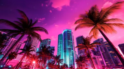 A futuristic city skyline with glowing skyscrapers and neon-lit palm trees under a vibrant pink and purple sky at twilight..