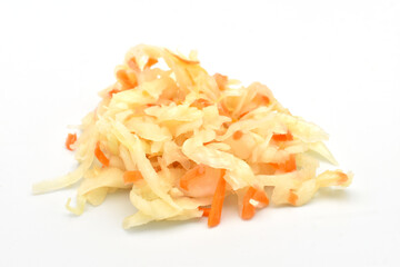 Sauerkraut lies in a pile on a white background.