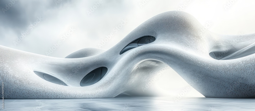 Poster a futuristic architectural structure with smooth, flowing forms and large windows.