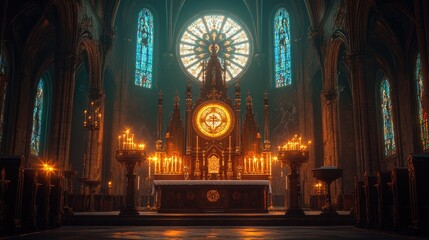Obraz premium Ornate church altar featuring a glowing monstrance, candles, and chalice, highlighted by soft light from the stained glass windows