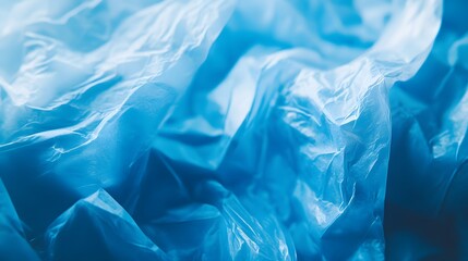 Fototapeta premium A detailed close-up of crumpled blue plastic material, highlighting its glossy texture and reflective surface, perfect for industrial or environmental themes..