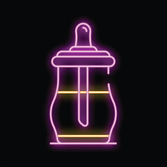 Purple and yellow neon sign of a french press coffee maker is glowing against a black background