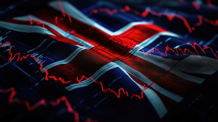 The UK flag with stock market trends overlaid, illustrating the impact of global financial shifts on the British economy