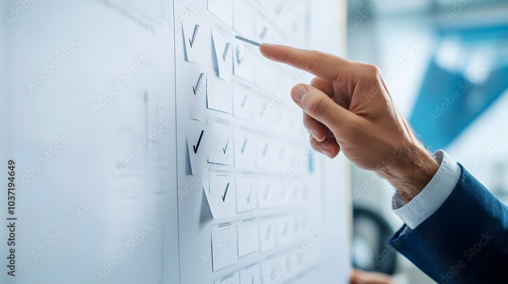 Poster a business professional pointing at a checklist on a whiteboard, emphasizing task completion in a mo