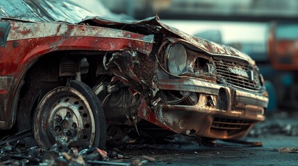 A close-up of a damaged, rusted car, showcasing its deteriorating condition and graphic details of wear and tear.