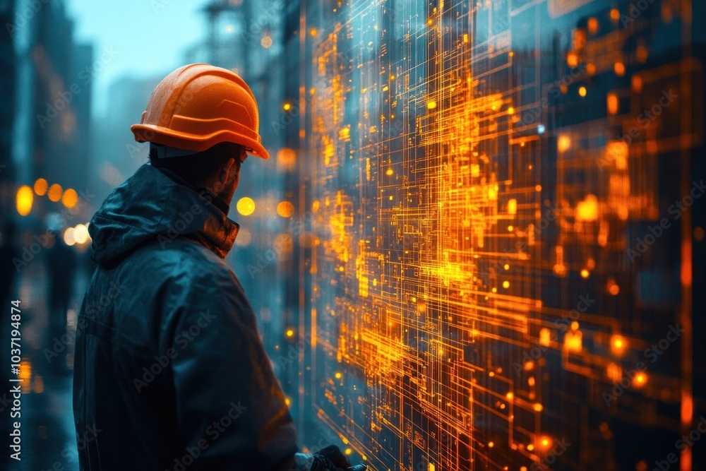 Aufkleber a worker observes digital data visualizations in an urban environment at dusk.