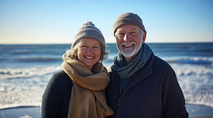 Portrait d'un couple de seniors heureux sur la plage en hiver, souriant tout en regardant l'appareil photo. L'arrière-plan est composé d'un ciel bleu et de l'océan