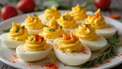 Vibrant Deviled Eggs with Creamy Yellow Filling and Paprika Garnish on White Plate