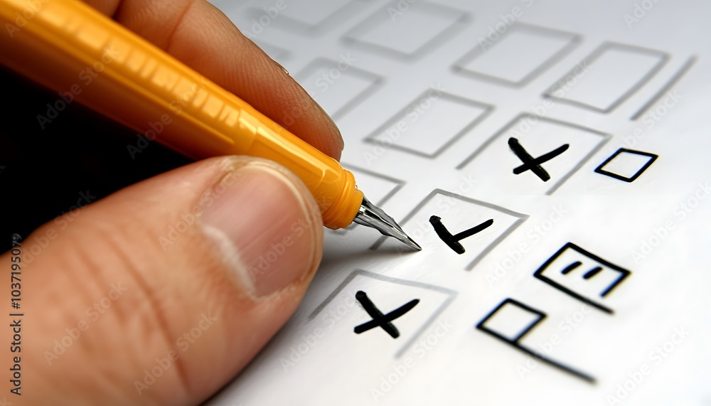 Poster a close-up of a hand holding a pen, marking choices on a printed checklist. ideal for concepts of de