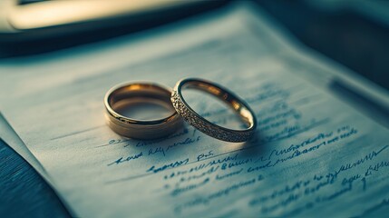 Two wedding rings resting on signed divorce papers, symbolizing the emotional and legal end of a marriage