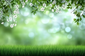 Obraz premium Green spring themed background with bokeh background and copy space in the center.