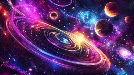 Obraz premium Cosmic Dance: A swirling galaxy, a vibrant tapestry of celestial bodies, painted in hues of purple, blue, and orange, invites you to journey into the vastness of space.