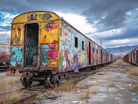 Rusty, graffiti-covered train car in a deserted rail yard under a cloudy sky, showcasing urban art and decay.