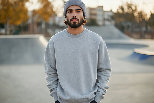 Grey Sweatshirt Mockup, Latino Man with Beard, Fashion Streetwear Design