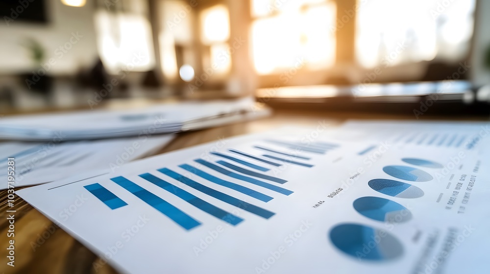 Aufkleber the image shows detailed financial reports with blue graphs and charts, placed on a desk, illuminate
